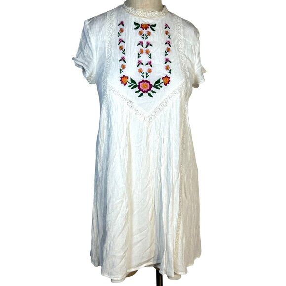 Blue Rain For Urban Outfitters Boho Embroidered Gauze Lined Mini Dress Womens M - Picture 1 of 9